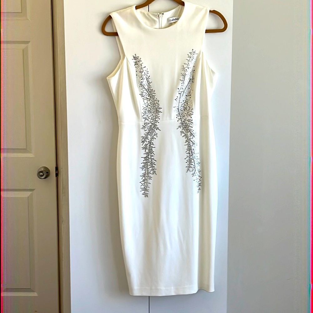 Calvin Klein dress size 6 white ivory with silver embroidery in the front